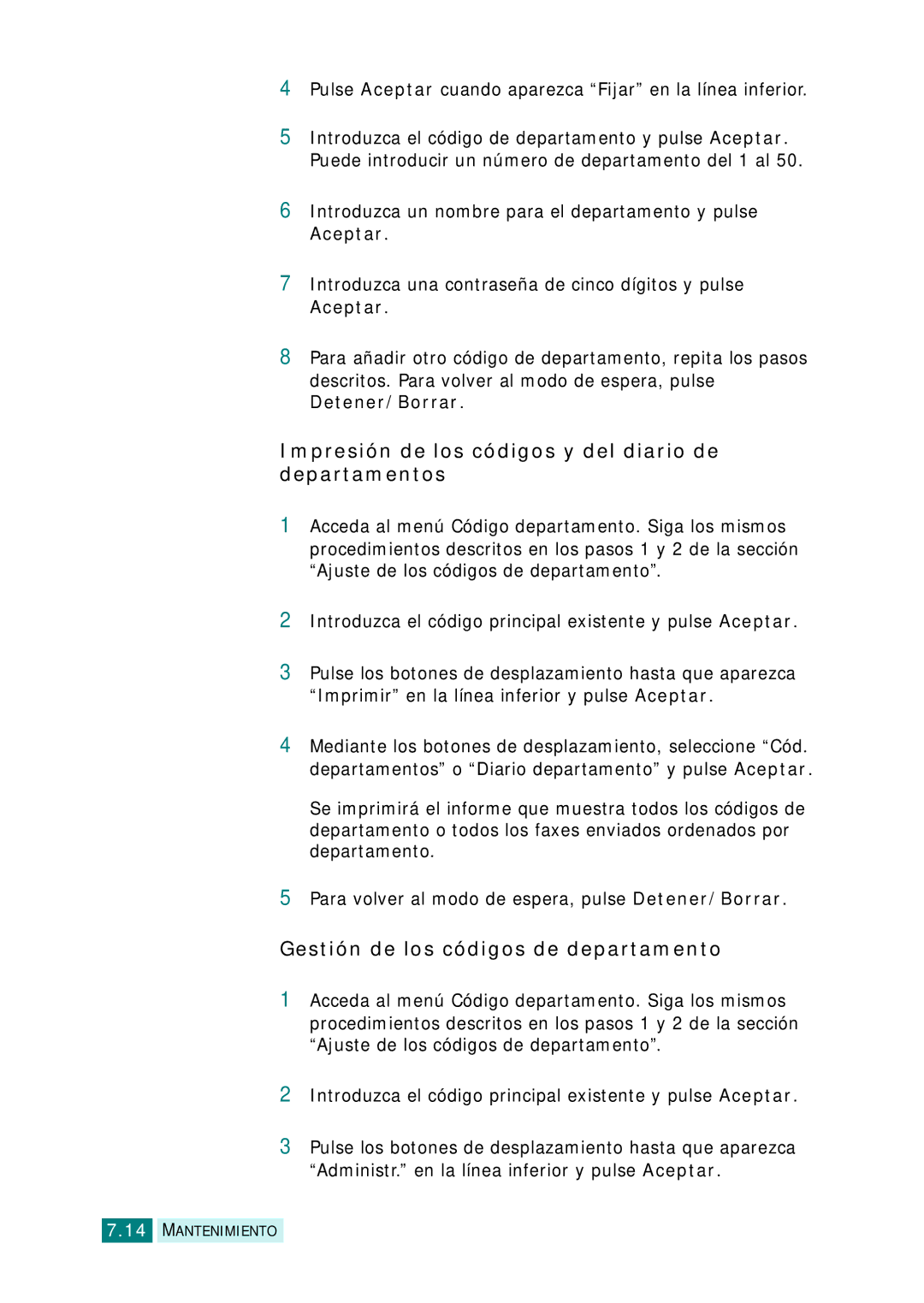 Samsung SCX-6220, SCX-6320F Impresión de los códigos y del diario de departamentos, Gestión de los códigos de departamento 