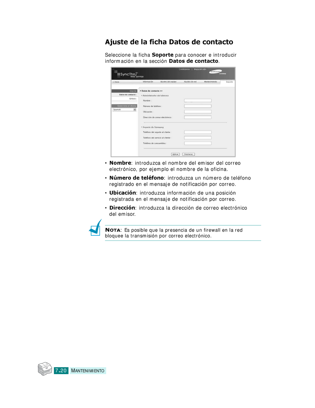 Samsung SCX-6220, SCX-6320F manual Ajuste de la ficha Datos de contacto 