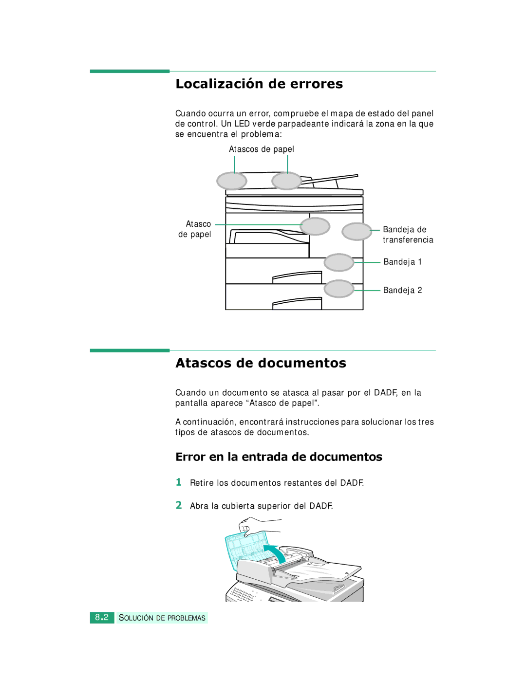 Samsung SCX-6220, SCX-6320F Localización de errores, Atascos de documentos, Error en la entrada de documentos, Bandeja 