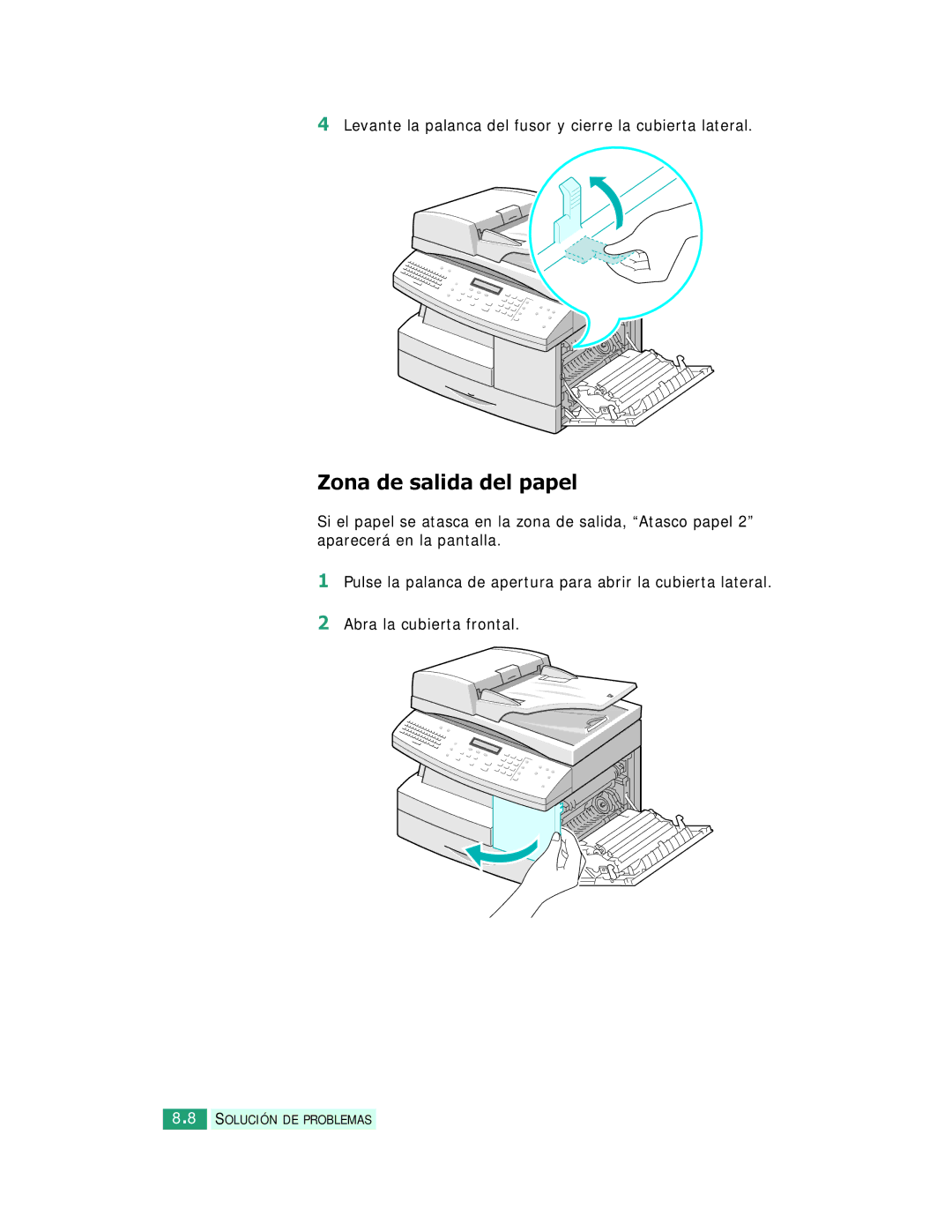 Samsung SCX-6220, SCX-6320F manual Zona de salida del papel, Levante la palanca del fusor y cierre la cubierta lateral 