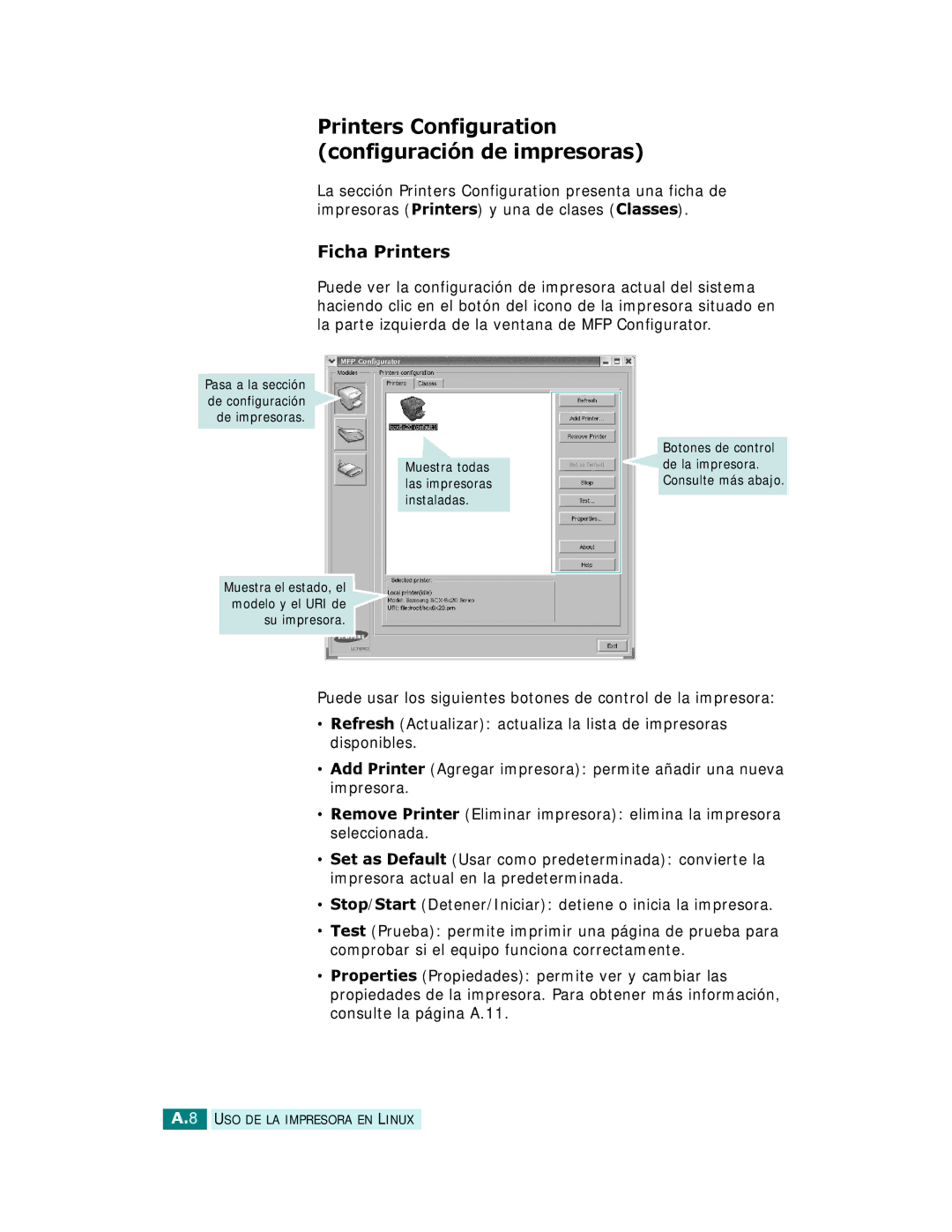 Samsung SCX-6220, SCX-6320F manual Printers Configuration configuración de impresoras, Ficha Printers 