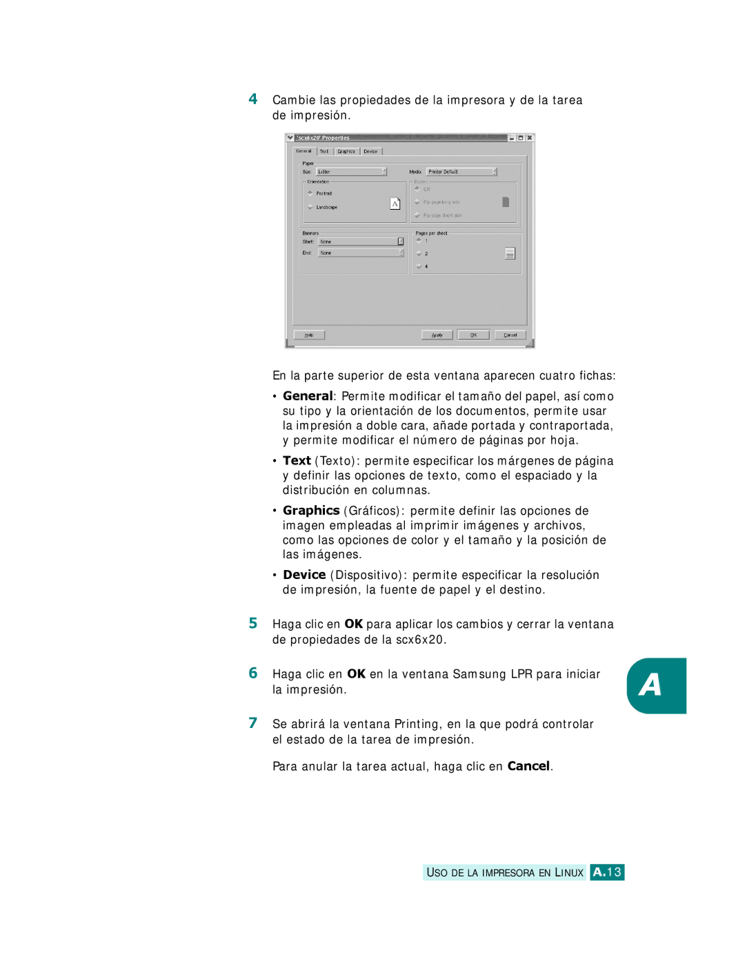 Samsung SCX-6320F, SCX-6220 manual USO DE LA Impresora EN Linux A.13 