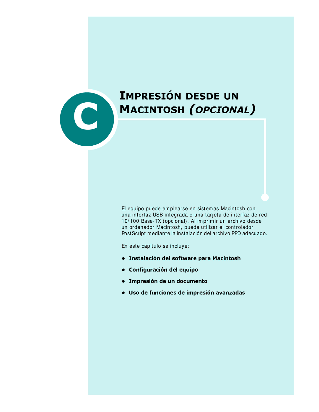 Samsung SCX-6320F, SCX-6220 manual Impresión Desde UN C Macintosh Opcional, En este capítulo se incluye 