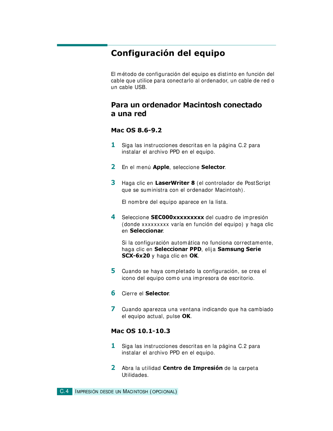 Samsung SCX-6220, SCX-6320F manual Configuración del equipo, Para un ordenador Macintosh conectado a una red, Mac OS 