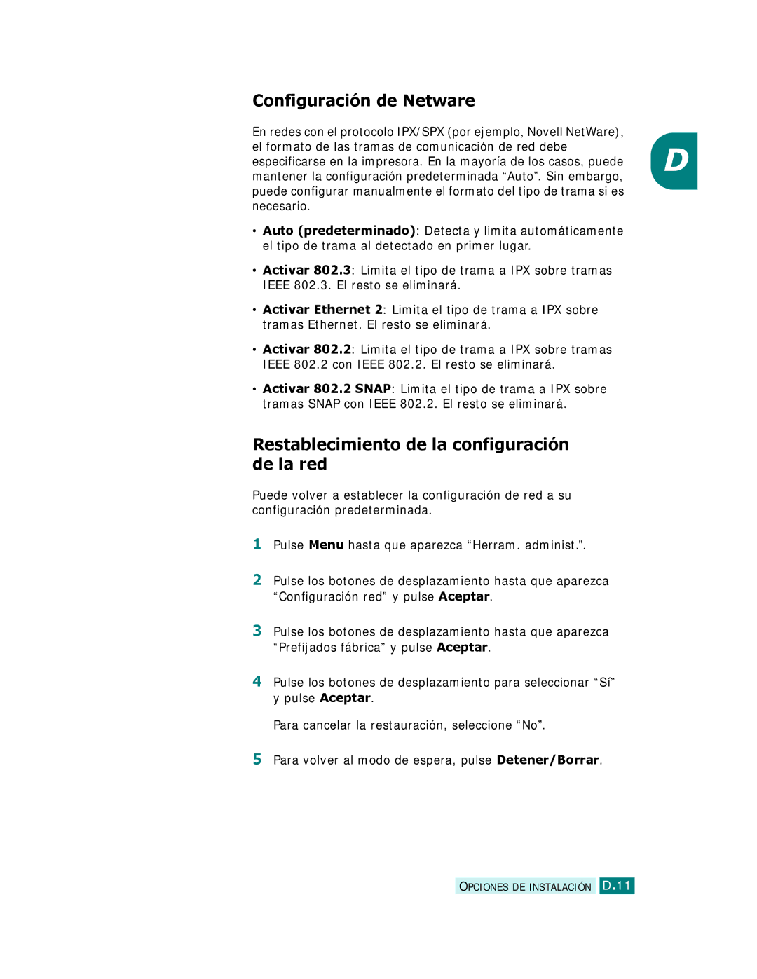 Samsung SCX-6320F, SCX-6220 manual Configuración de Netware, Restablecimiento de la configuración de la red 