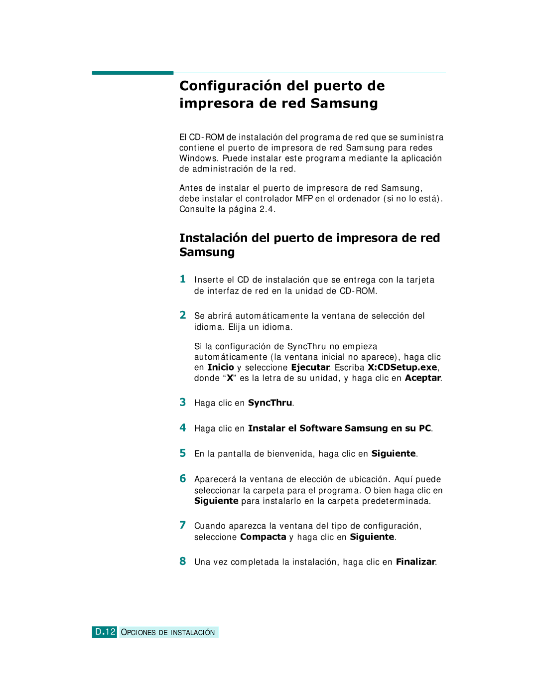 Samsung SCX-6220 Configuración del puerto de impresora de red Samsung, Instalación del puerto de impresora de red Samsung 