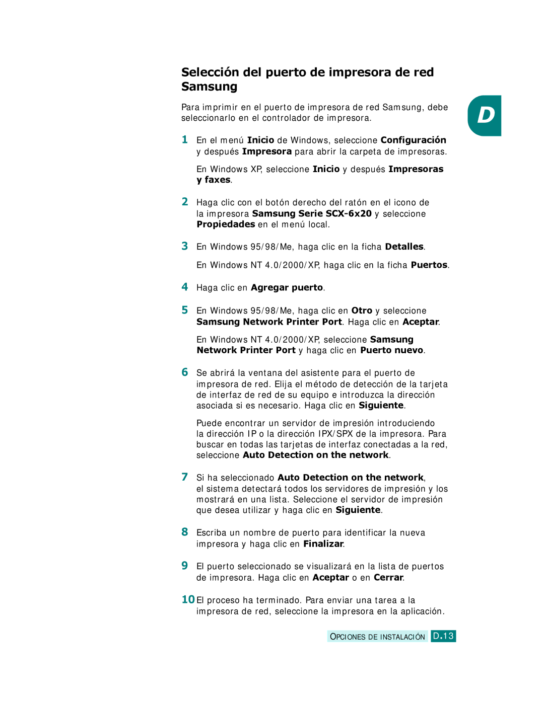 Samsung SCX-6320F manual Selección del puerto de impresora de red Samsung, Si ha seleccionado Auto Detection on the network 