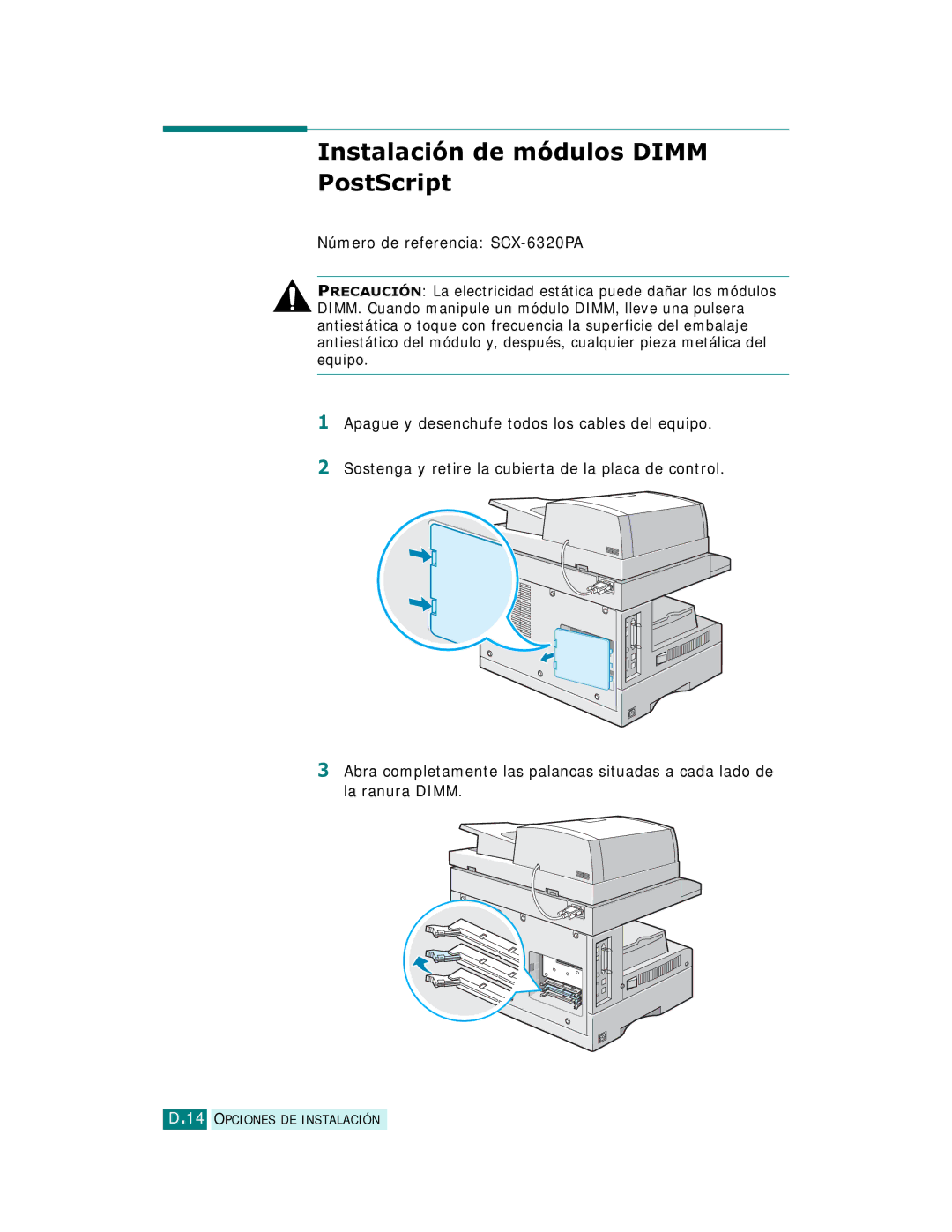 Samsung SCX-6220, SCX-6320F manual Instalación de módulos Dimm PostScript 