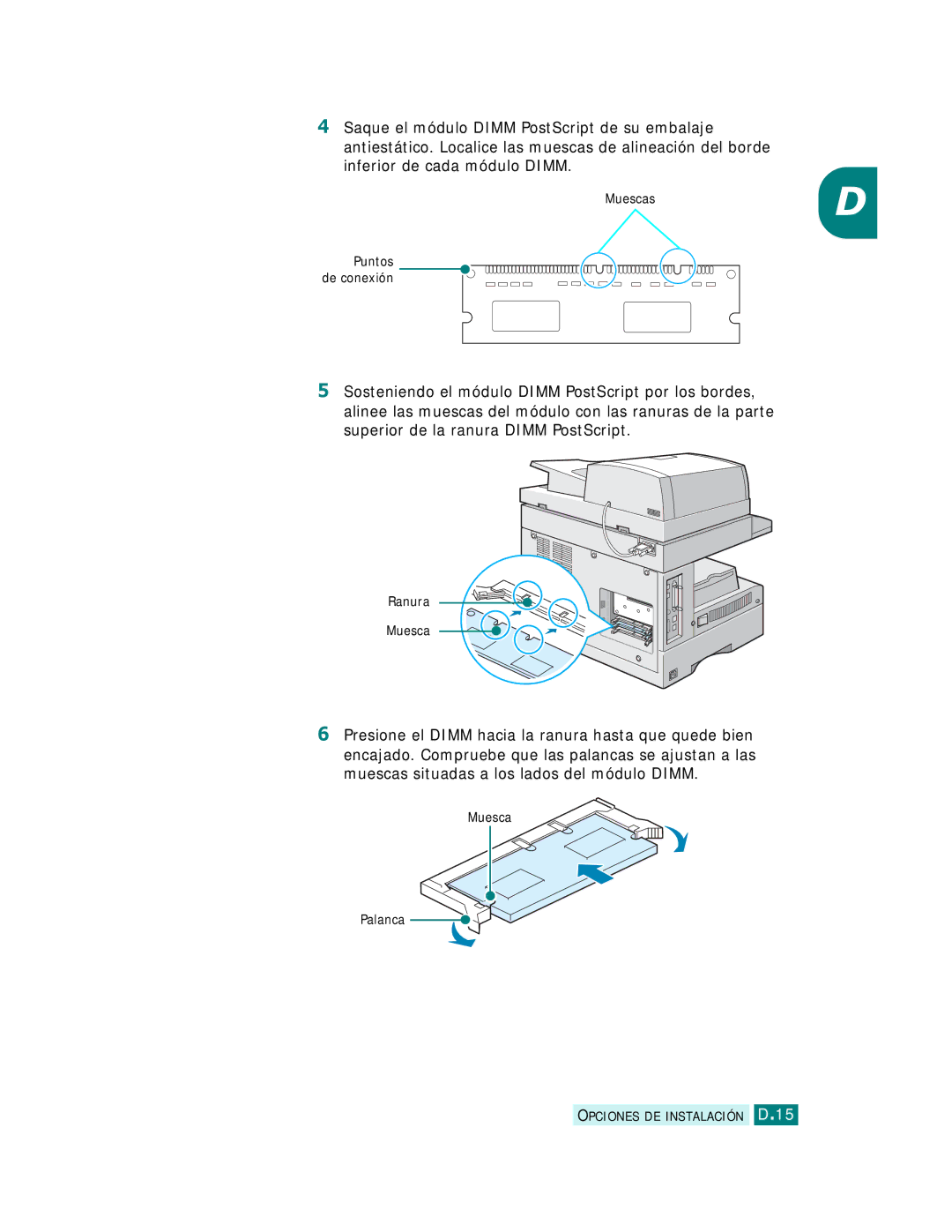 Samsung SCX-6320F, SCX-6220 manual Opciones DE Instalación D.15 