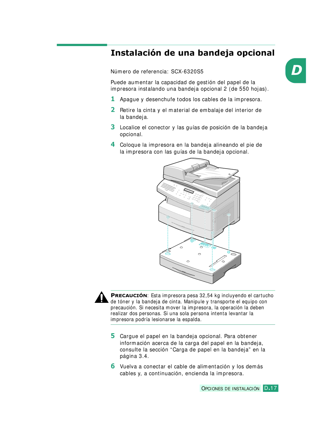 Samsung SCX-6320F, SCX-6220 manual Instalación de una bandeja opcional, Número de referencia SCX-6320S5 