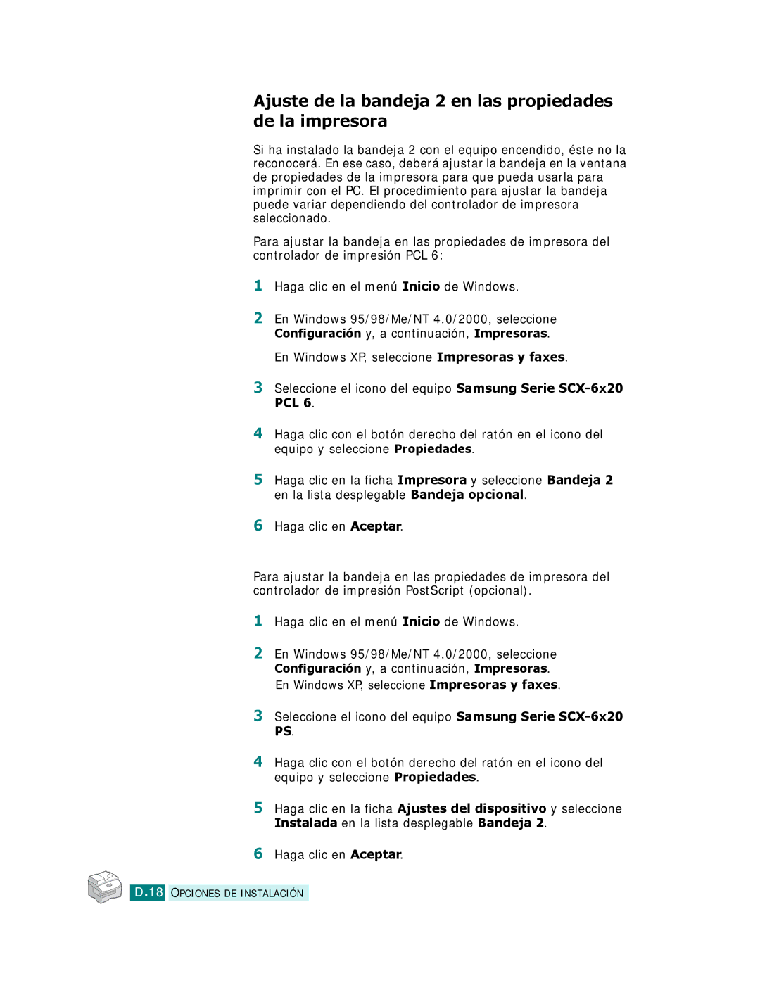 Samsung SCX-6220, SCX-6320F manual Ajuste de la bandeja 2 en las propiedades de la impresora 