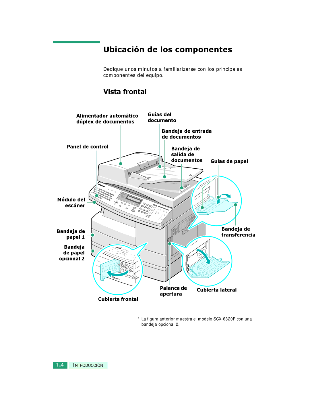 Samsung SCX-6220, SCX-6320F manual Ubicación de los componentes, Vista frontal 