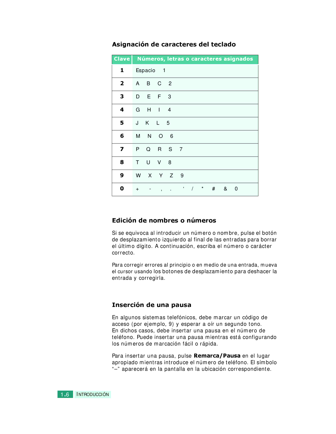 Samsung SCX-6220, SCX-6320F Asignación de caracteres del teclado, Edición de nombres o números, Inserción de una pausa 