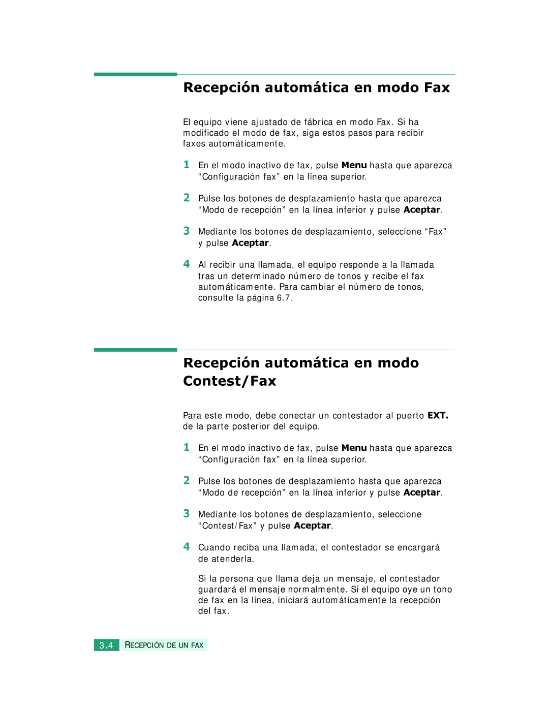 Samsung SCX-6220, SCX-6320F manual Recepción automática en modo Fax, Recepción automática en modo Contest/Fax 