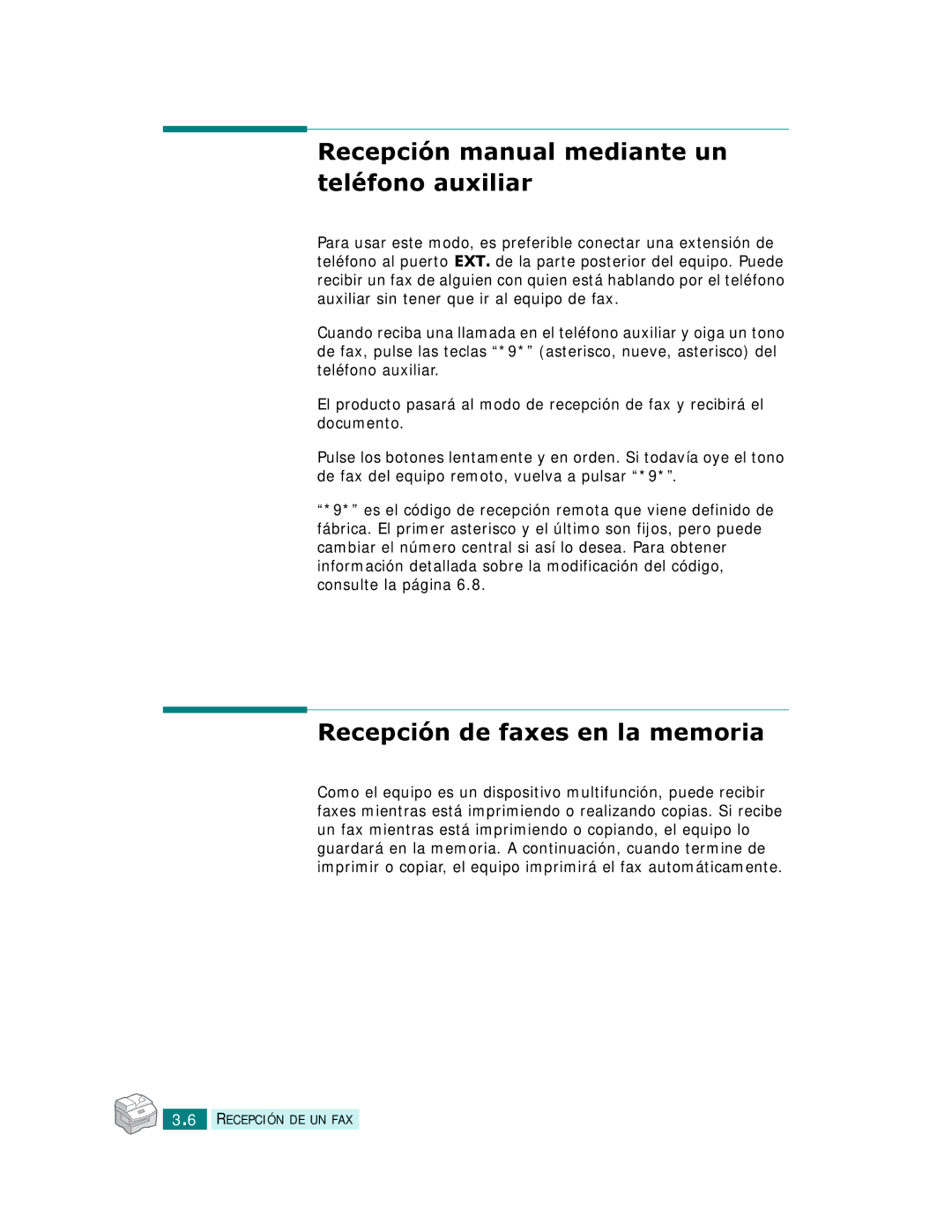 Samsung SCX-6220, SCX-6320F Recepción manual mediante un teléfono auxiliar, Recepción de faxes en la memoria 