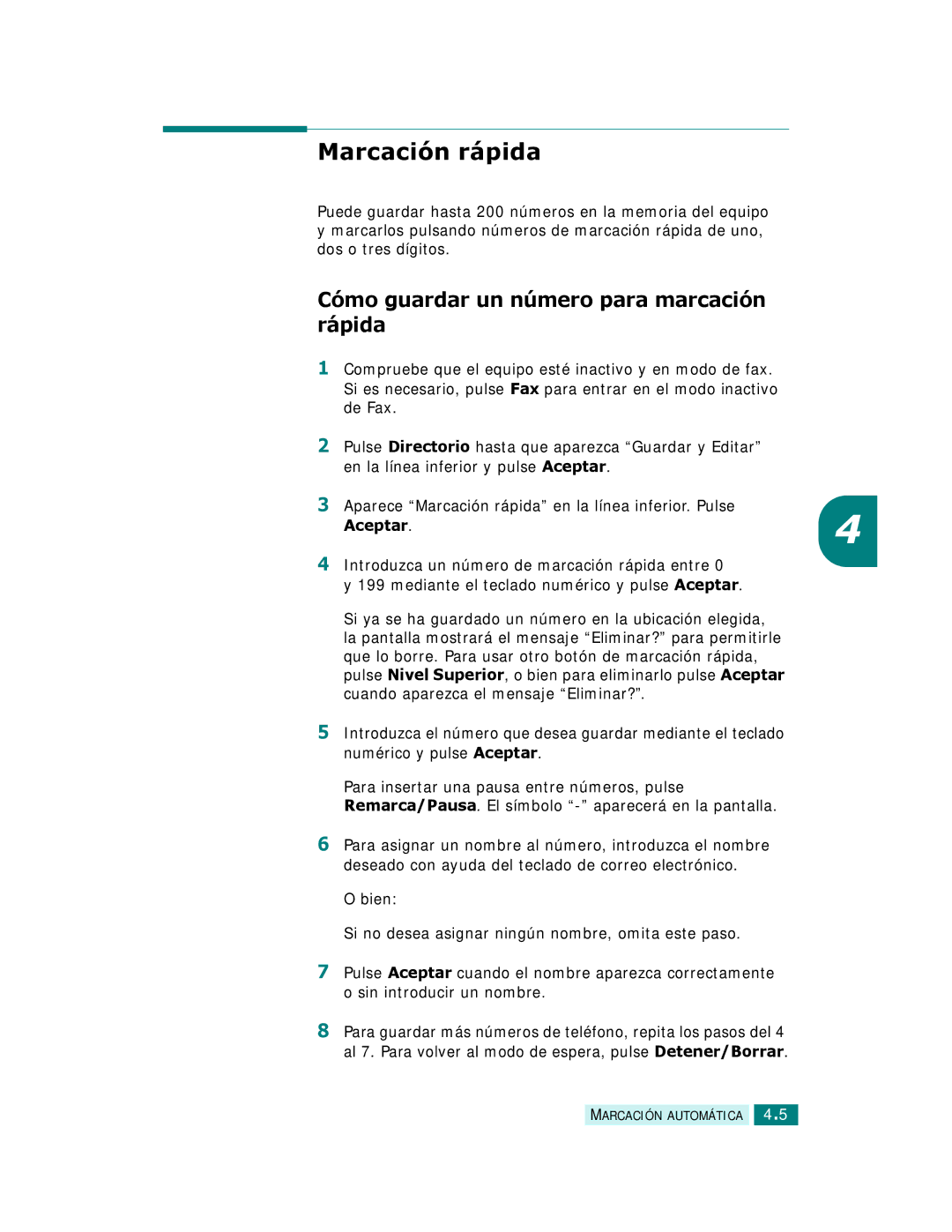 Samsung SCX-6320F, SCX-6220 manual Marcación rápida, Cómo guardar un número para marcación rápida, Aceptar.4 