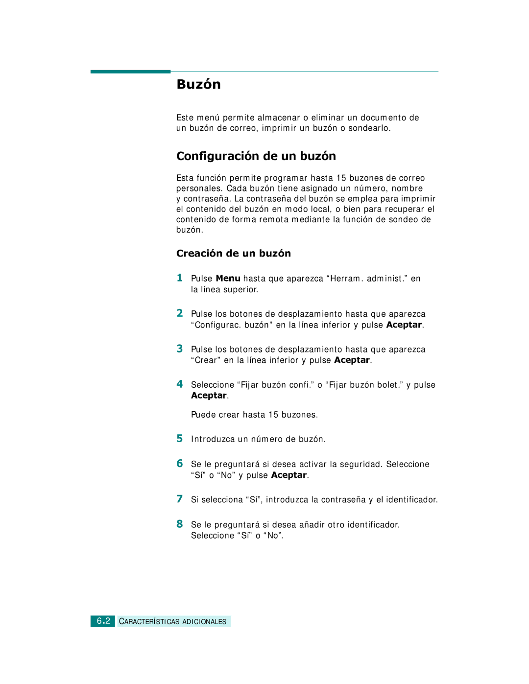 Samsung SCX-6220, SCX-6320F manual Buzón, Configuración de un buzón, Creación de un buzón 