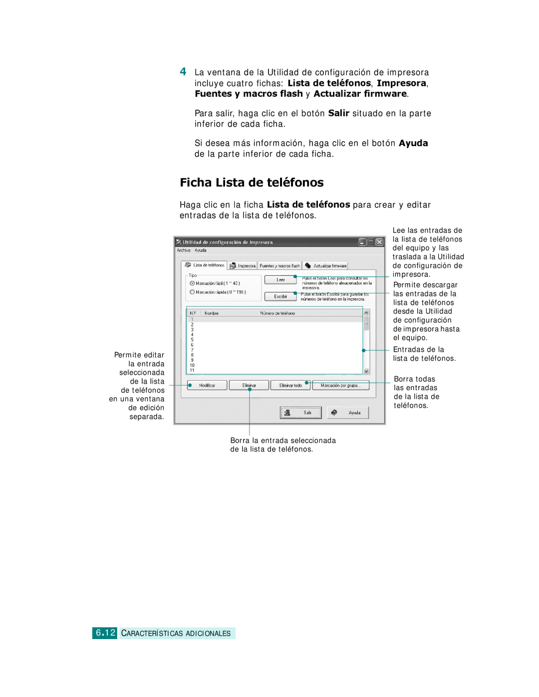 Samsung SCX-6220, SCX-6320F manual Ficha Lista de teléfonos 