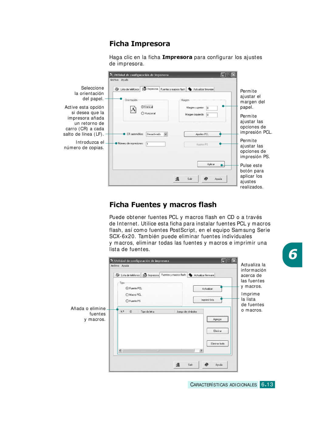 Samsung SCX-6320F, SCX-6220 manual Ficha Impresora, Ficha Fuentes y macros flash 