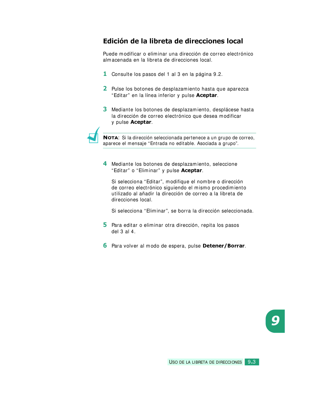 Samsung SCX-6320F, SCX-6220 manual Edición de la libreta de direcciones local, Pulse Aceptar 