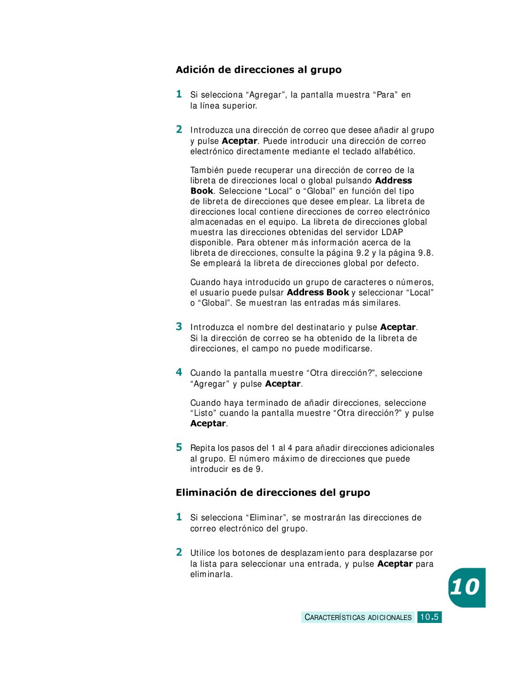 Samsung SCX-6320F, SCX-6220 manual Adición de direcciones al grupo, Eliminación de direcciones del grupo 