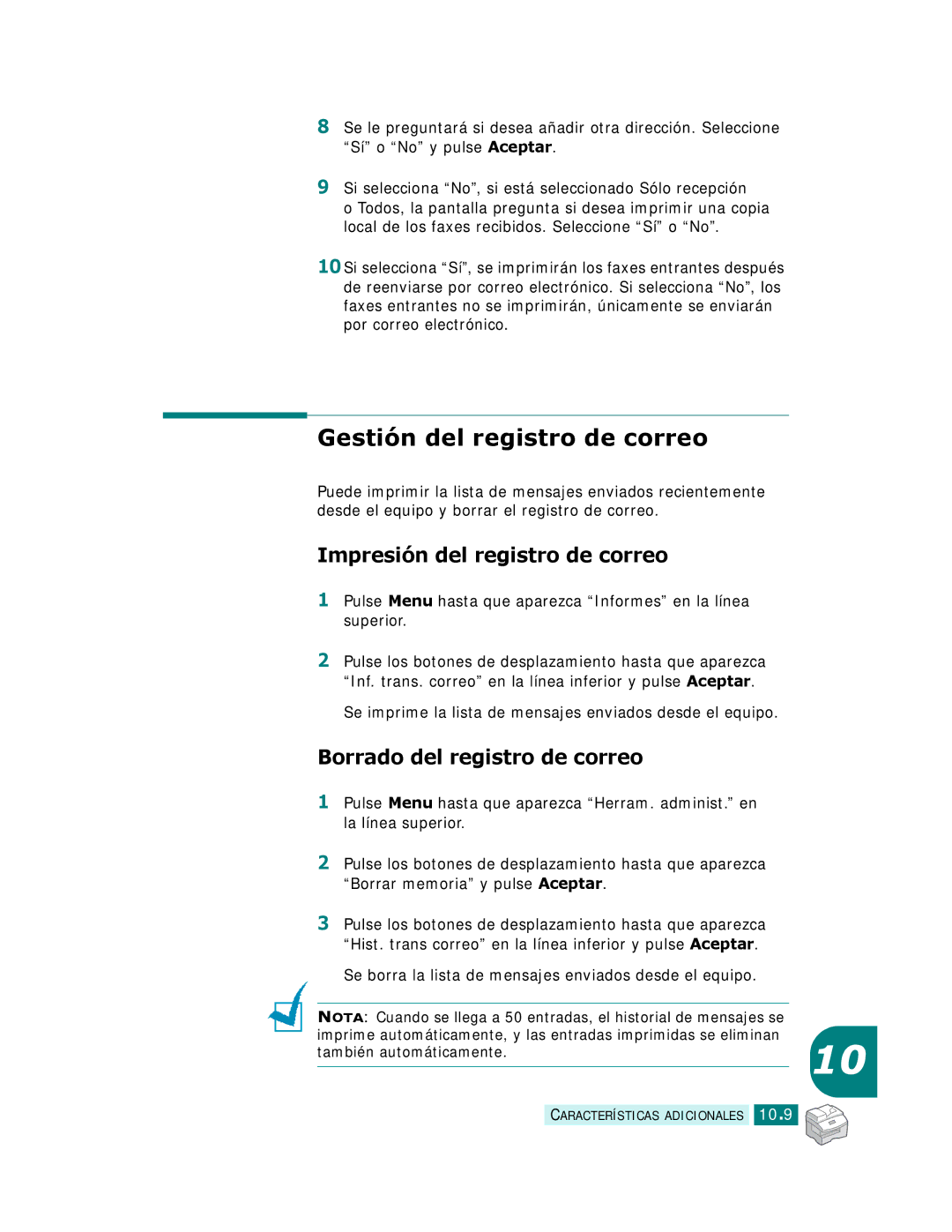 Samsung SCX-6320F manual Gestión del registro de correo, Impresión del registro de correo, Borrado del registro de correo 