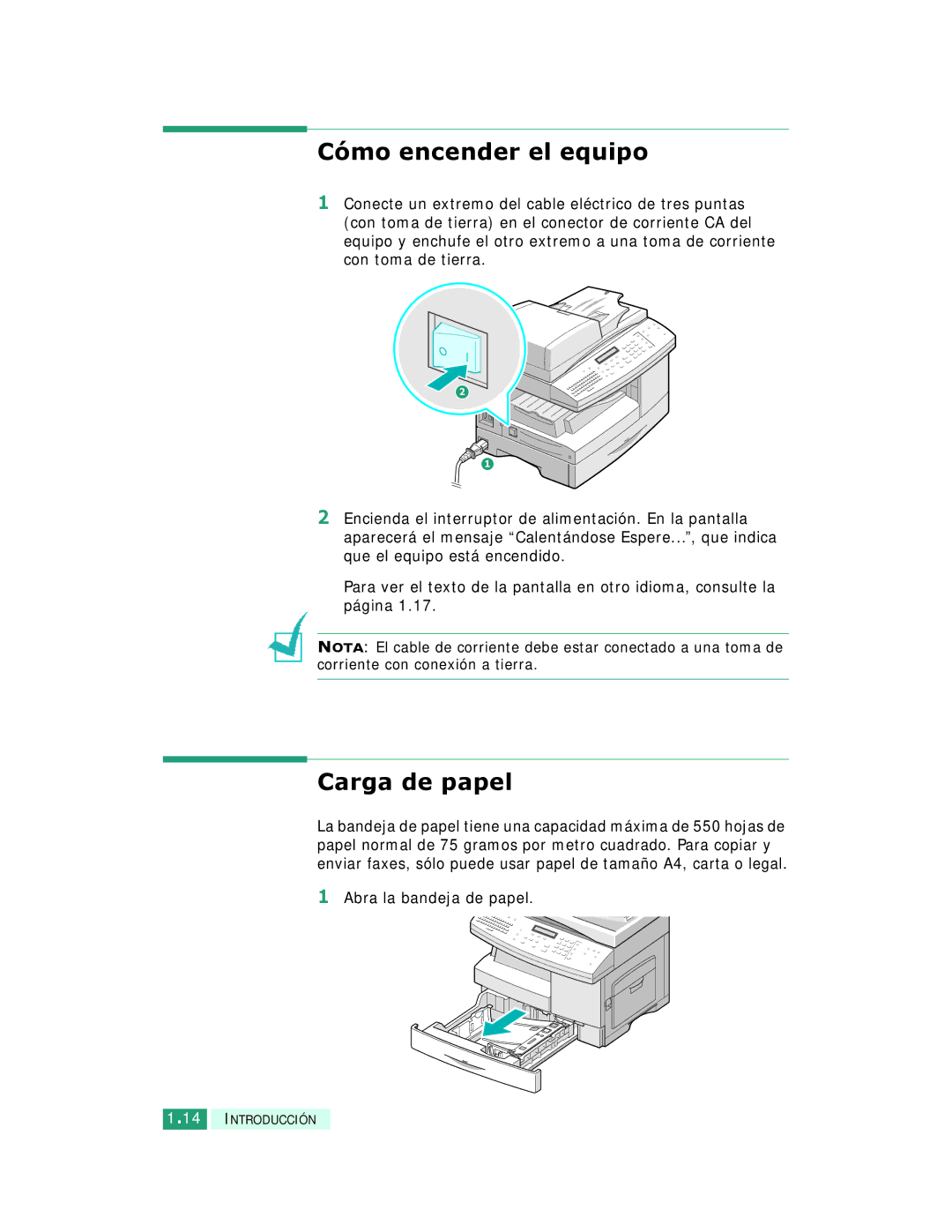 Samsung SCX-6220, SCX-6320F manual Cómo encender el equipo, Carga de papel, Abra la bandeja de papel 