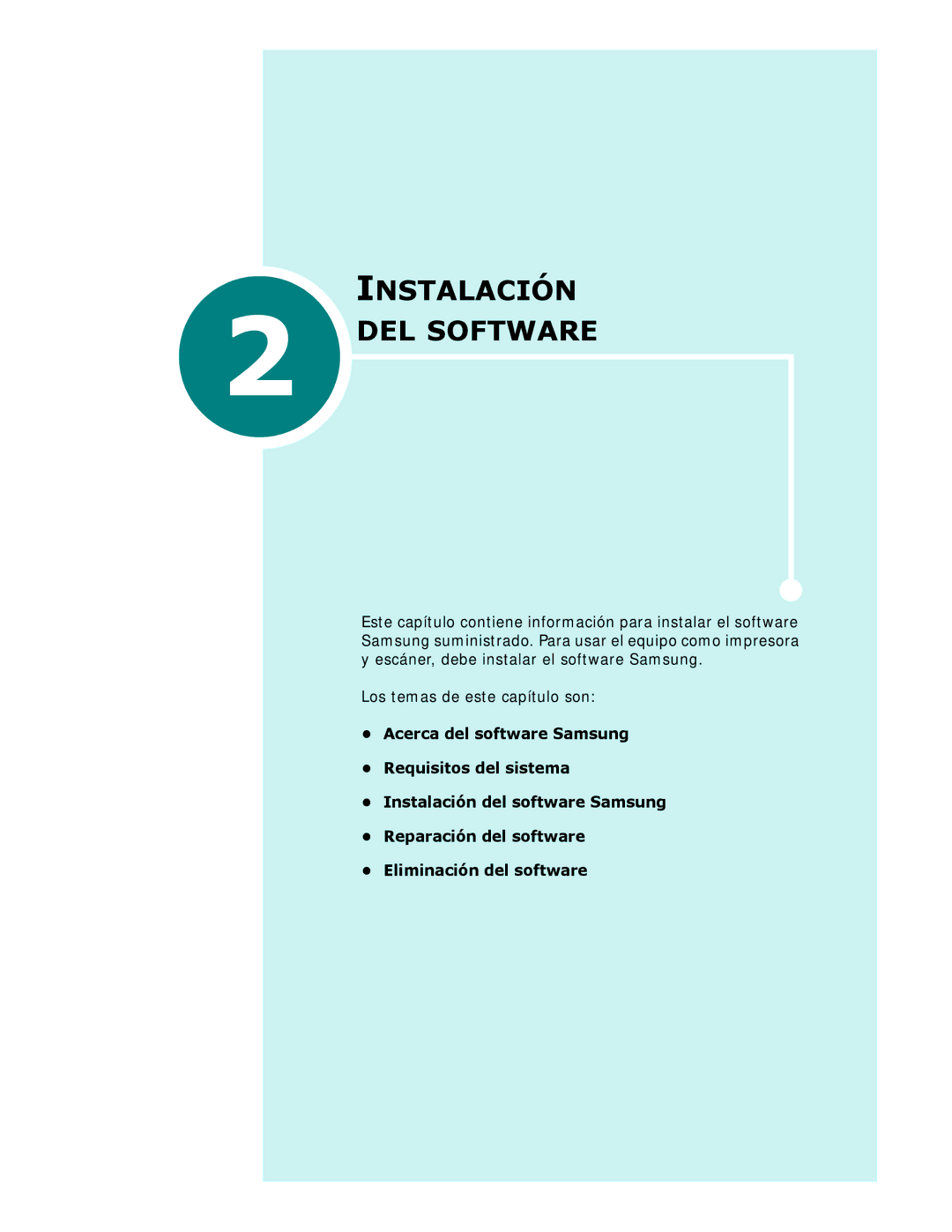 Samsung SCX-6320F, SCX-6220 manual Instalación, DEL Software, Los temas de este capítulo son 