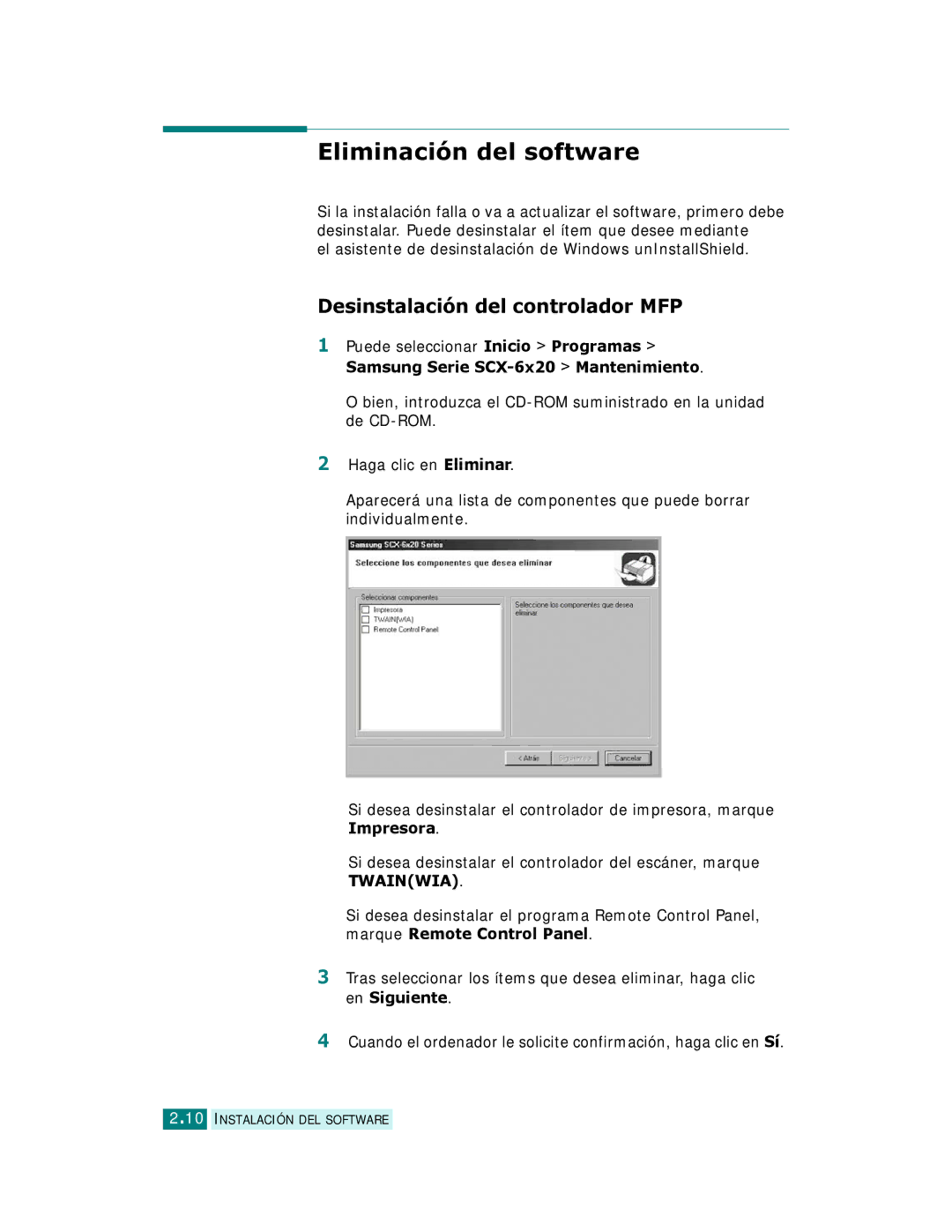 Samsung SCX-6220 manual Eliminación del software, Desinstalación del controlador MFP, Puede seleccionar Inicio Programas 