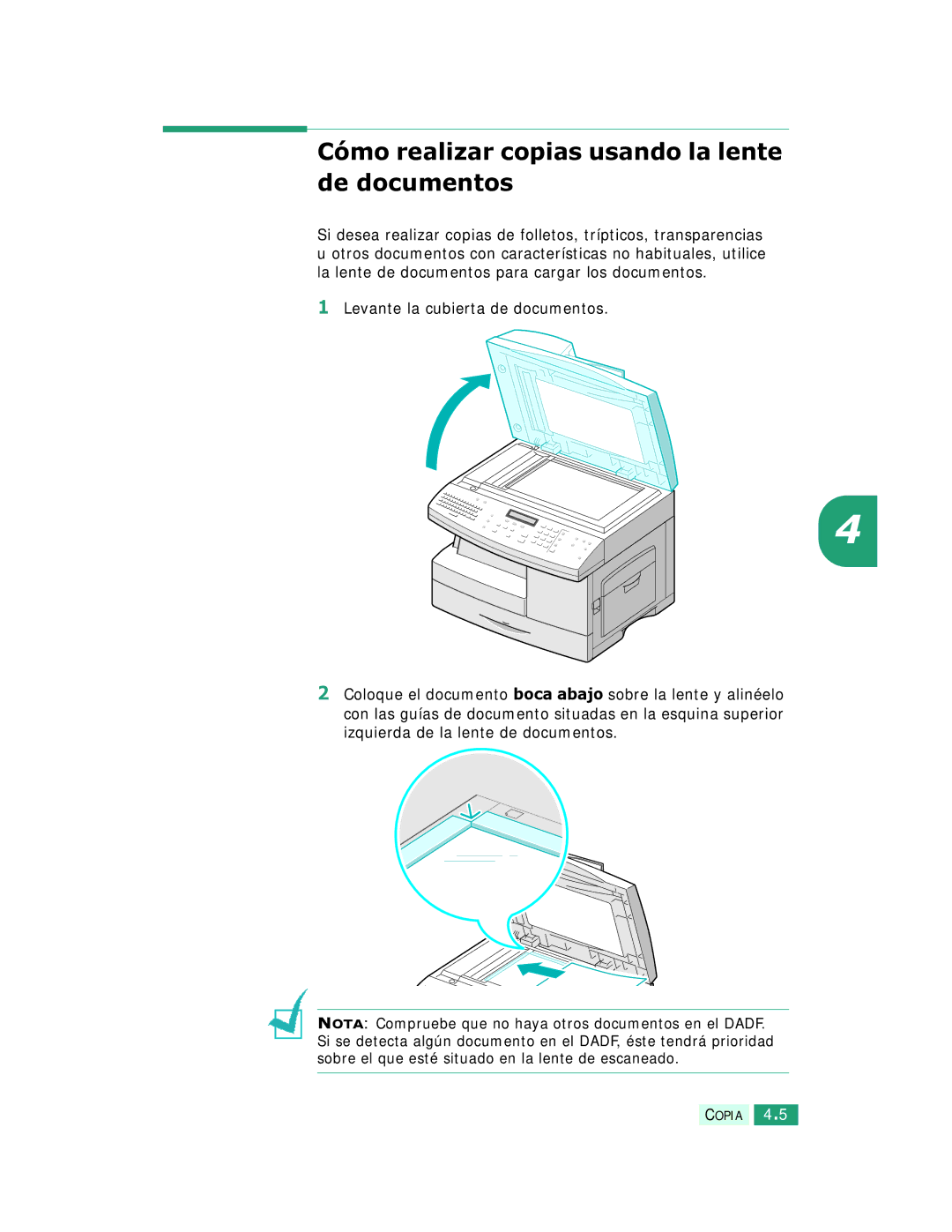Samsung SCX-6320F, SCX-6220 manual Cómo realizar copias usando la lente de documentos 