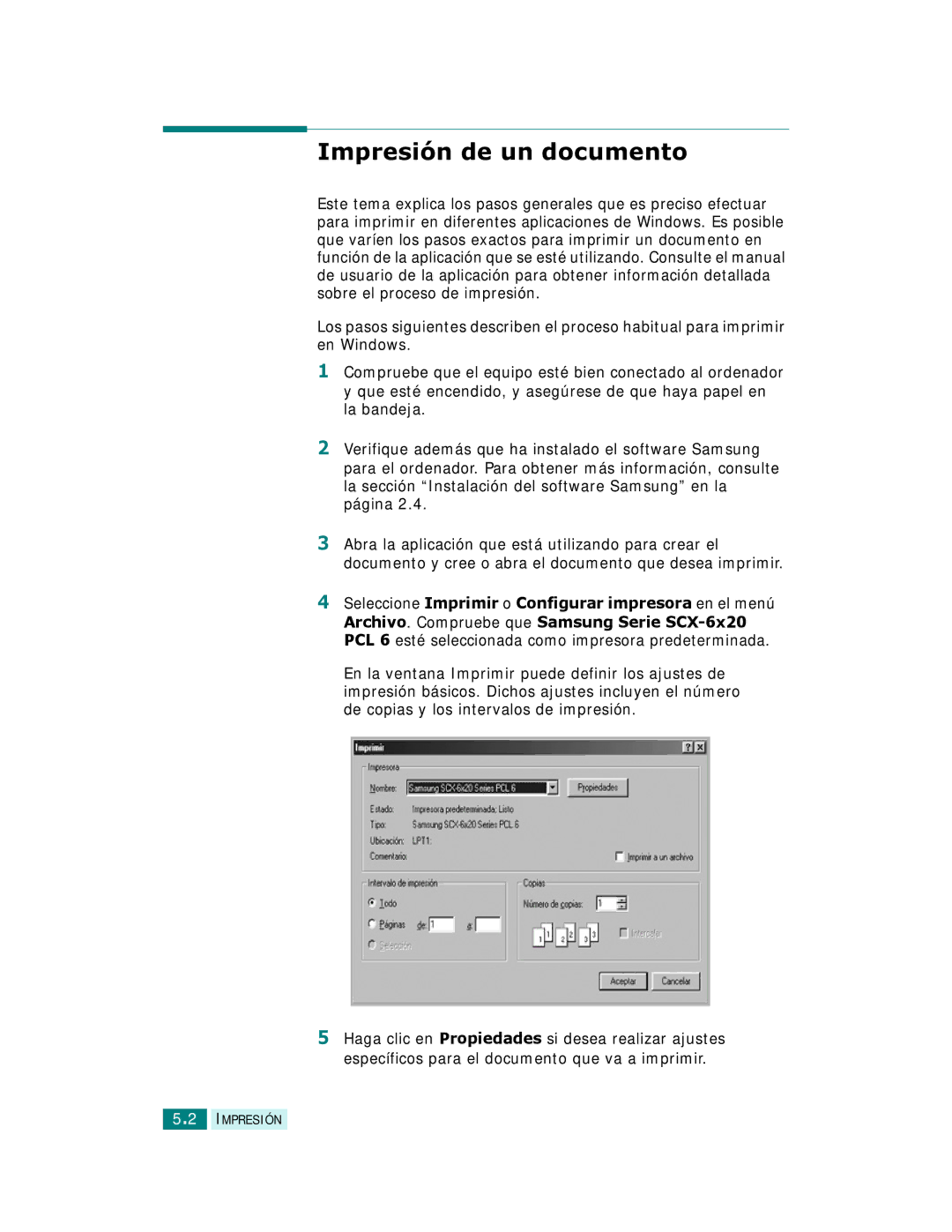 Samsung SCX-6220, SCX-6320F manual Impresión de un documento 