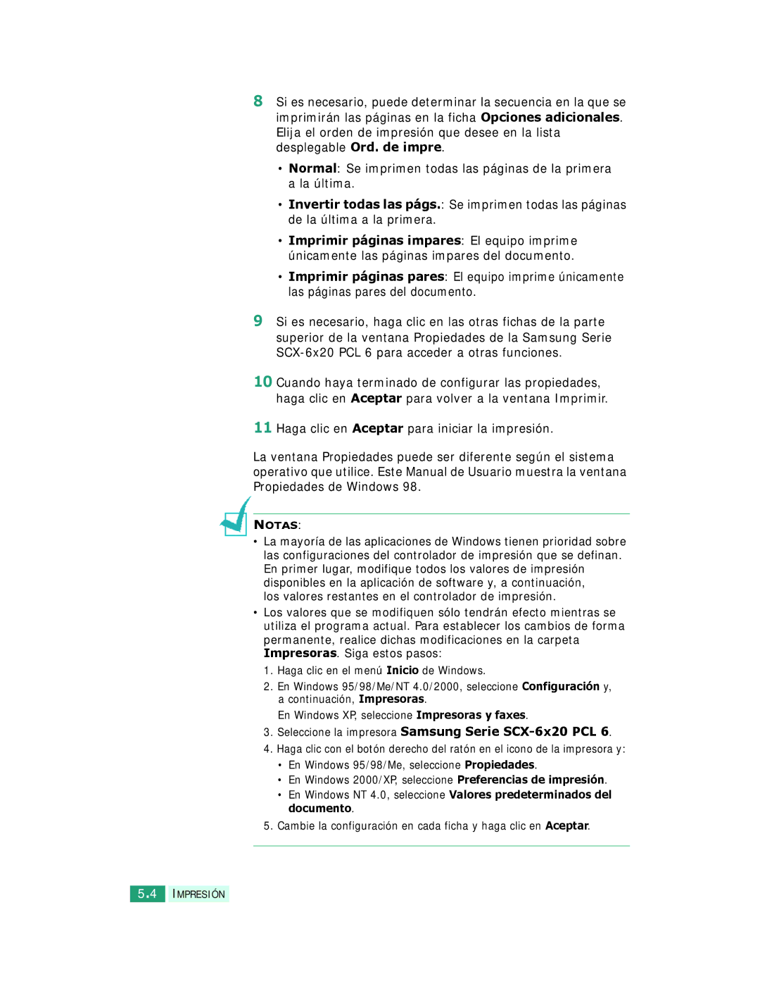 Samsung SCX-6220 Los valores restantes en el controlador de impresión, Seleccione la impresora Samsung Serie SCX-6x20 PCL 