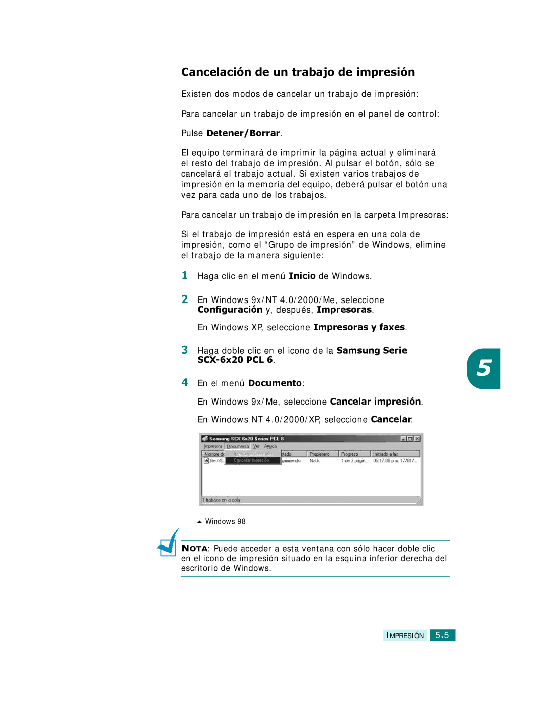 Samsung SCX-6320F, SCX-6220 manual Cancelación de un trabajo de impresión, Pulse Detener/Borrar, SCX-6x20 PCL 