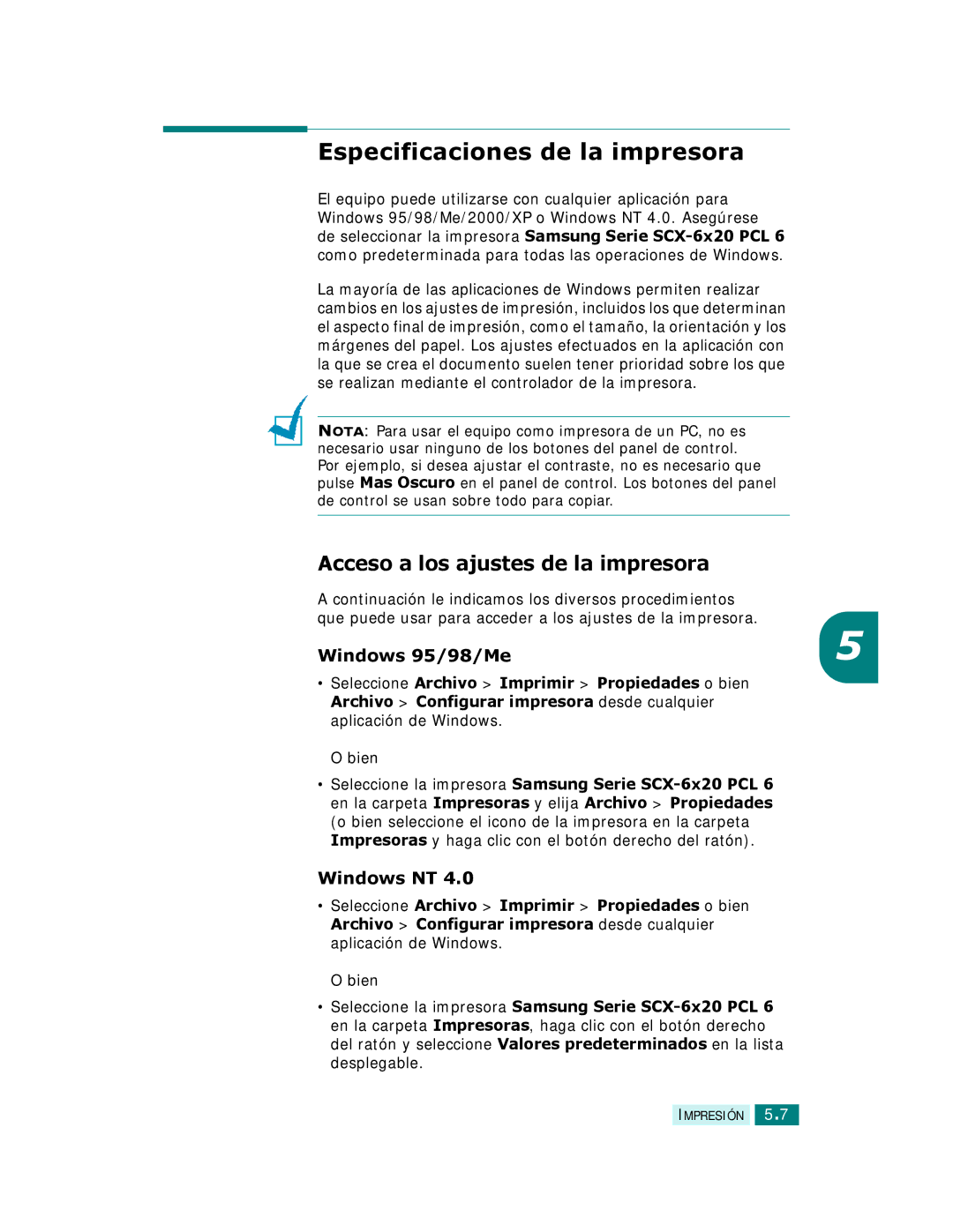 Samsung SCX-6320F Especificaciones de la impresora, Acceso a los ajustes de la impresora, Windows 95/98/Me, Windows NT 