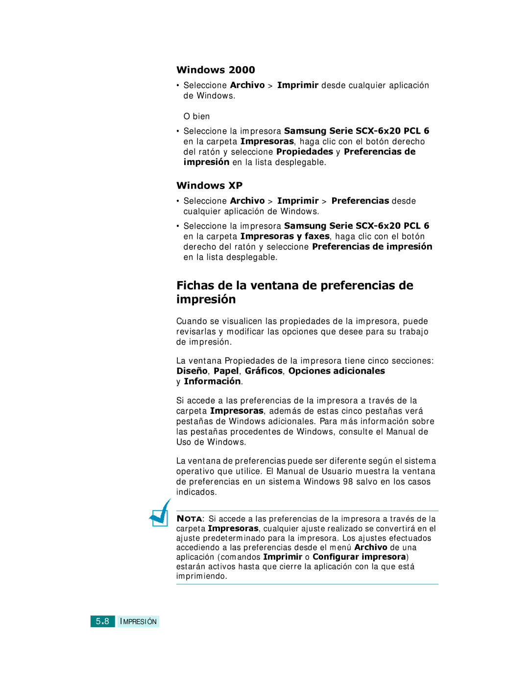 Samsung SCX-6220, SCX-6320F manual Fichas de la ventana de preferencias de impresión, Windows XP, Información 