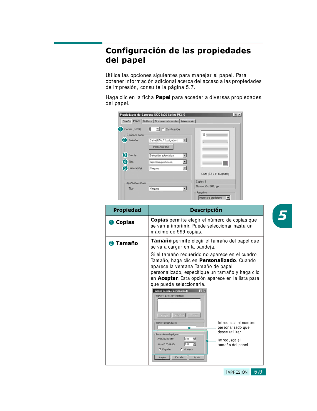 Samsung SCX-6320F Configuración de las propiedades del papel, Propiedad Descripción Copias, Máximo de 999 copias, Tamaño 