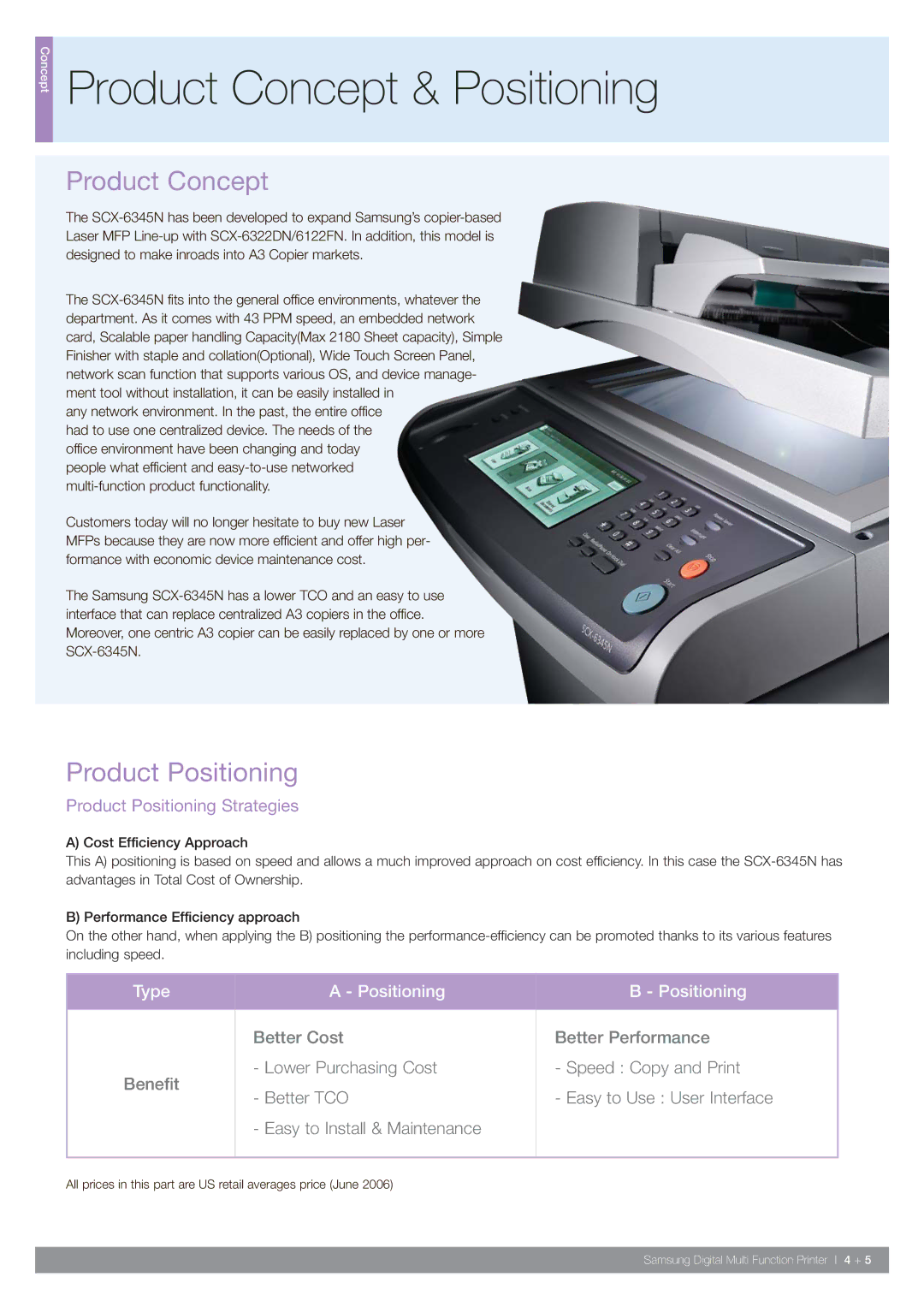 Samsung SCX-6345N manual Product Concept & Positioning 