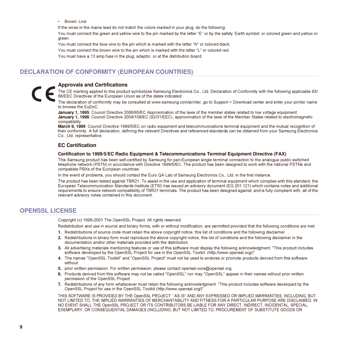 Samsung SCX-6545N Series manual Declaration of Conformity European Countries, Openssl License, Approvals and Certifications 