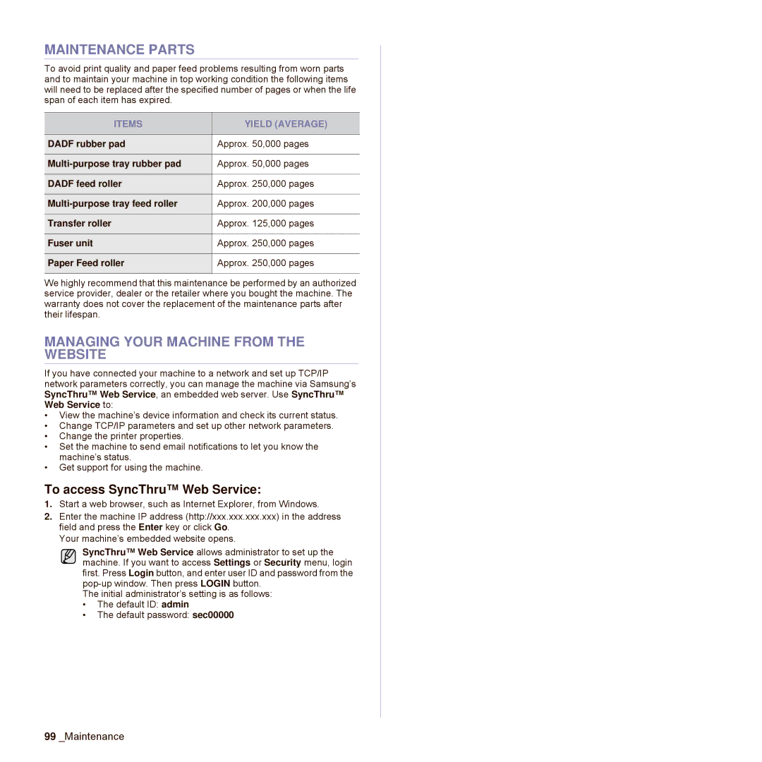 Samsung SCX-6545N Series manual Maintenance Parts, Managing Your Machine from the Website, To access SyncThru Web Service 