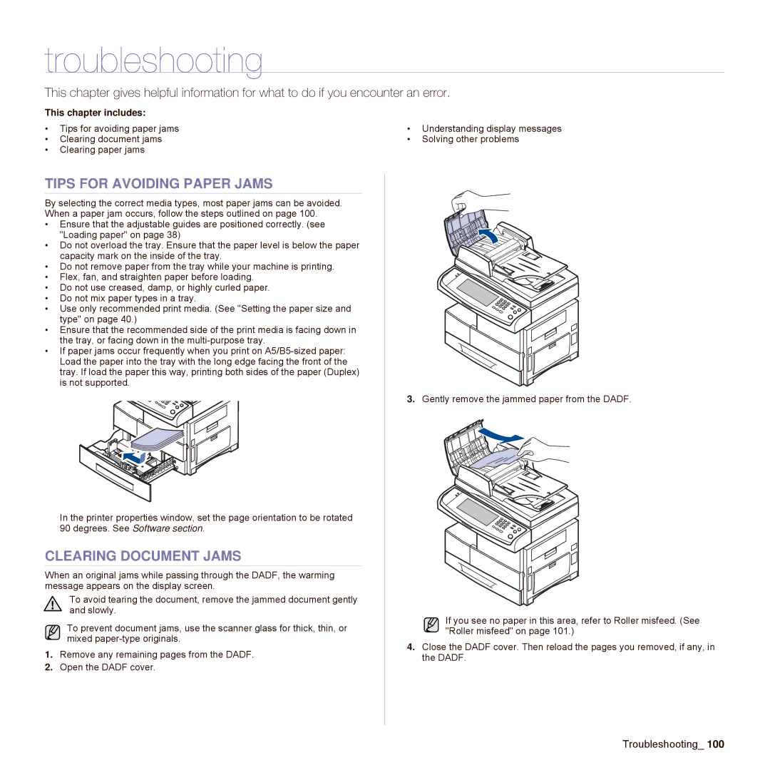 Samsung SCX-6545N Series manual Troubleshooting, Tips for Avoiding Paper Jams, Clearing Document Jams 