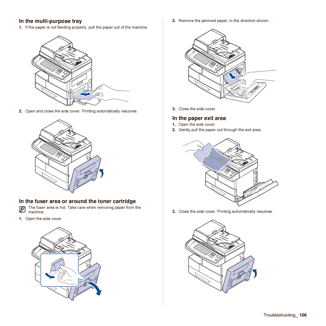 Samsung SCX-6545N Series manual Fuser area or around the toner cartridge, Paper exit area 