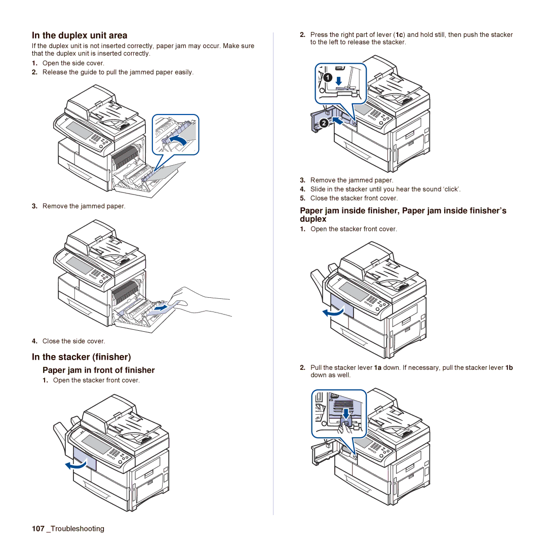 Samsung SCX-6545N Series manual Duplex unit area, Stacker finisher, Paper jam in front of finisher 