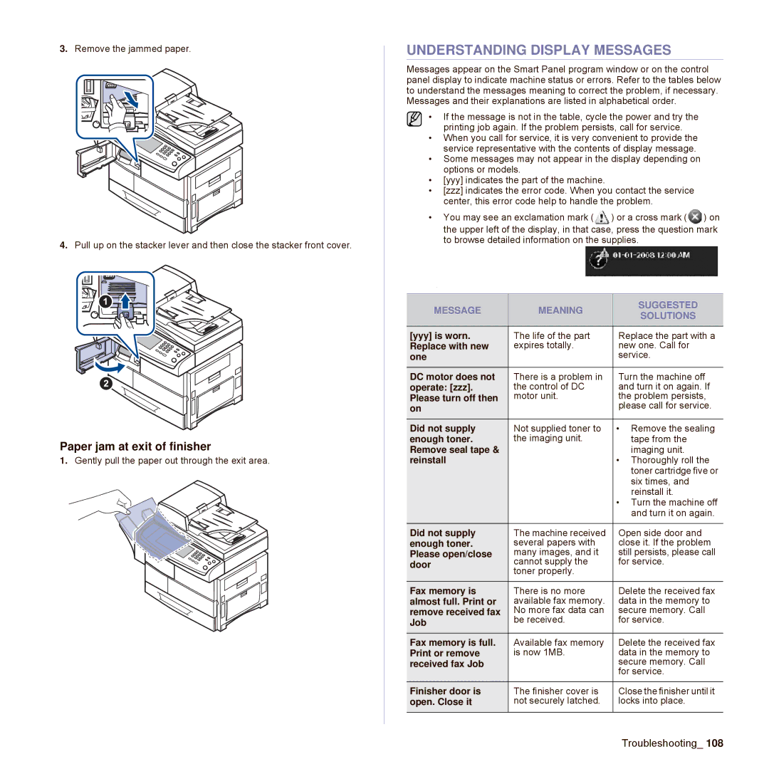 Samsung SCX-6545N Series manual Understanding Display Messages, Paper jam at exit of finisher 