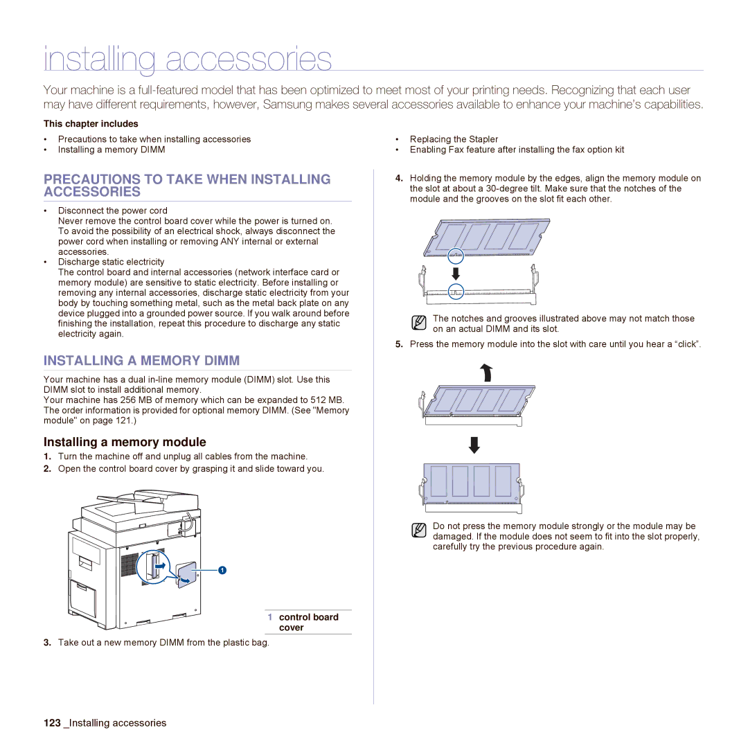 Samsung SCX-6545N Series Installing accessories, Precautions to Take When Installing Accessories, Installing a Memory Dimm 