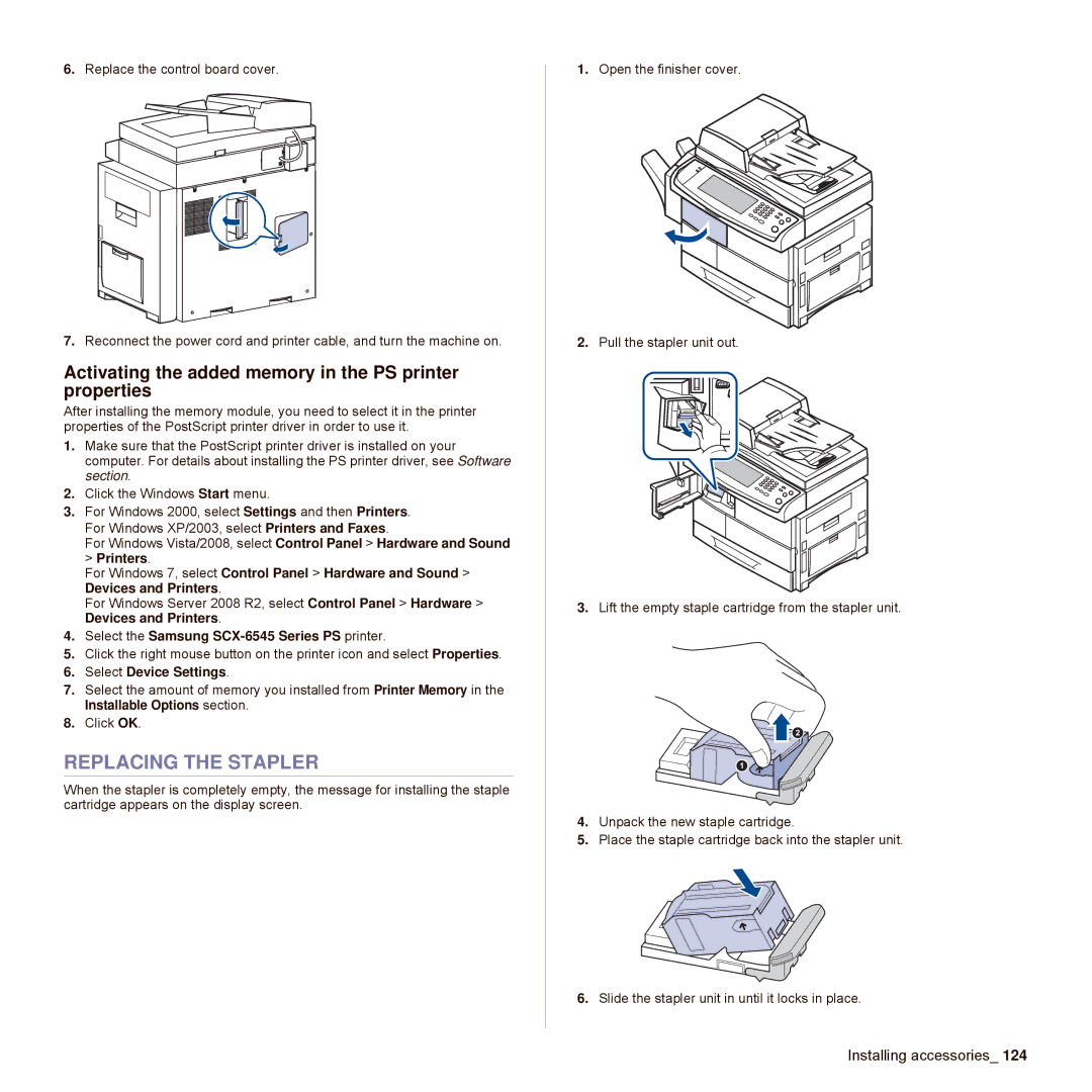 Samsung SCX-6545N Series manual Replacing the Stapler, Activating the added memory in the PS printer properties 