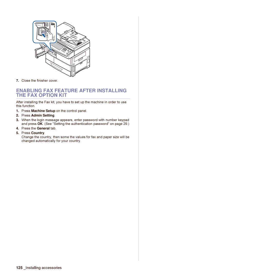 Samsung SCX-6545N Series manual Enabling FAX Feature After Installing the FAX Option KIT, Press Admin Setting 