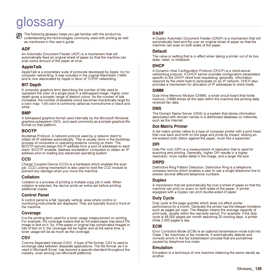 Samsung SCX-6545N Series manual Glossary 