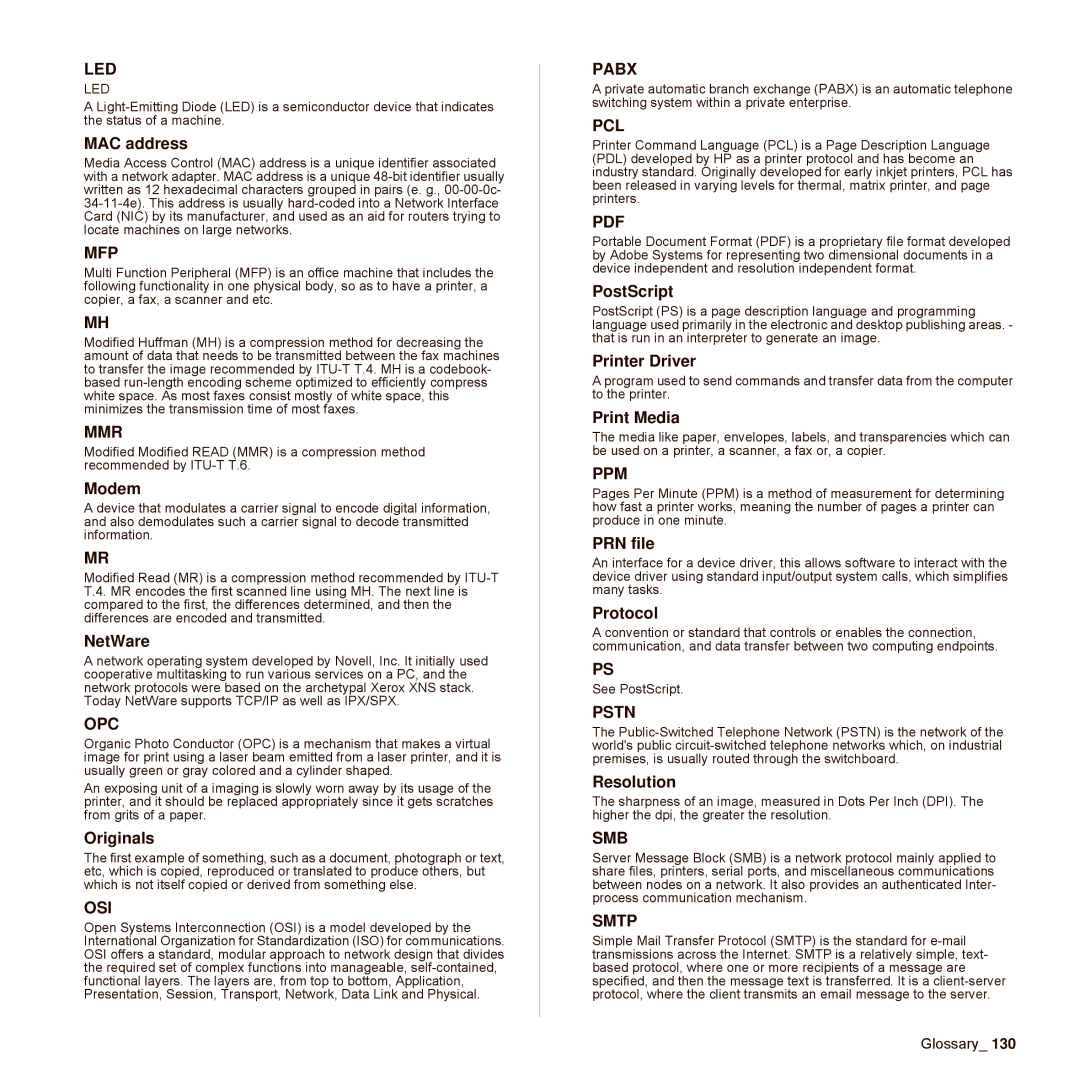 Samsung SCX-6545N Series manual MAC address, Modem, NetWare, Originals, PostScript, Printer Driver, Print Media, PRN file 