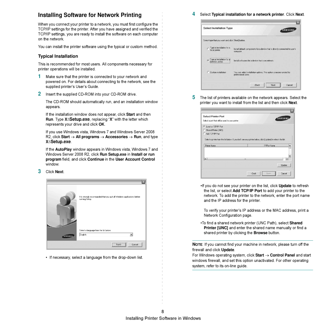 Samsung SCX-6545N Series manual Installing Software for Network Printing, Typical Installation 