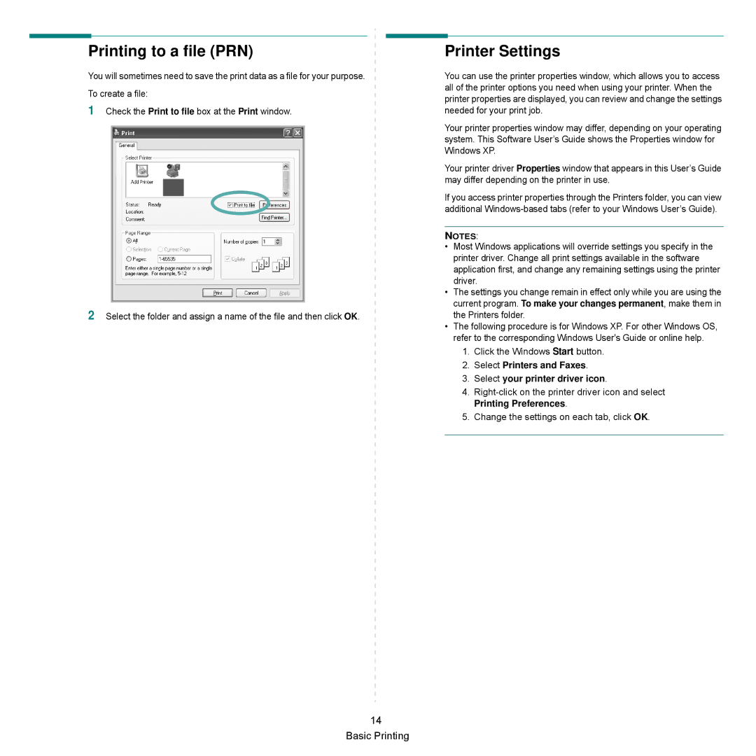 Samsung SCX-6545N Series manual Printing to a file PRN, Printer Settings 